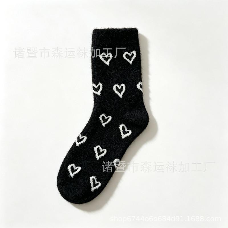 Autumn and Winter Socks Female Mink Velvet Full of Love Plush Cute Sweet Medium Tube Socks Thickened Warm Home Sleeping Socks