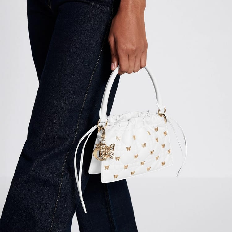 DIOR Lady Dior Sheepskin Handbag Drawstring Bag Handheld One Shoulder Handbag Mini Women's White S0981ONMJ-M030