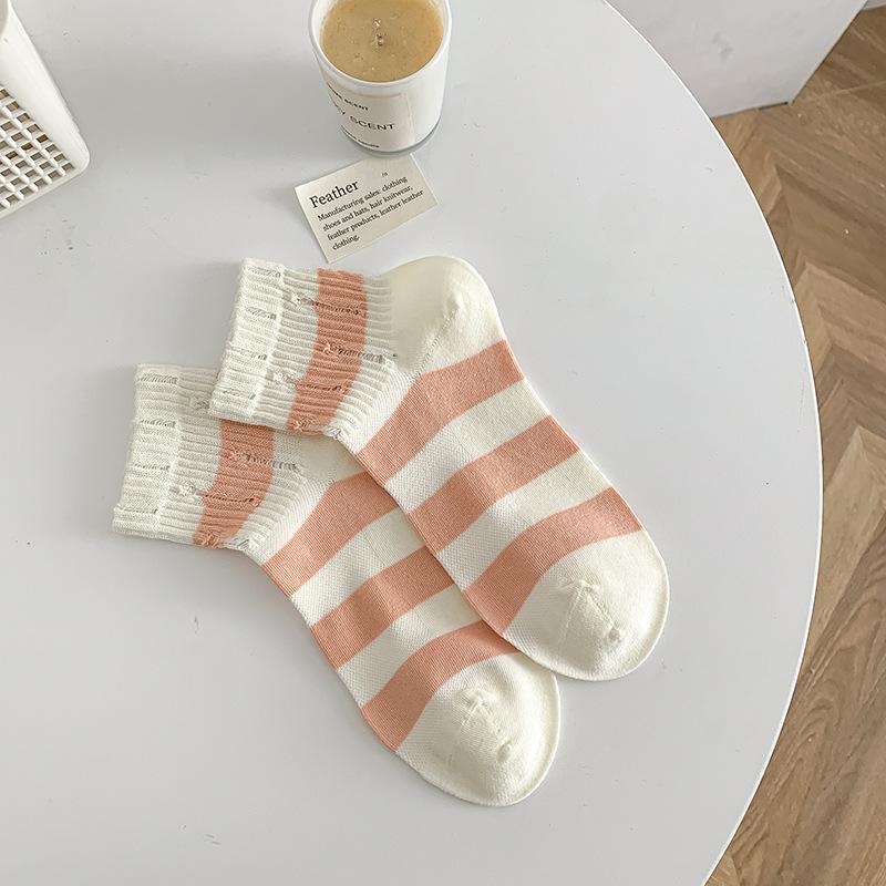 Female Spring and Summer Thin Style Trend All Kinds of Casual Broken Hole Thick Stripe Short Tube Socks