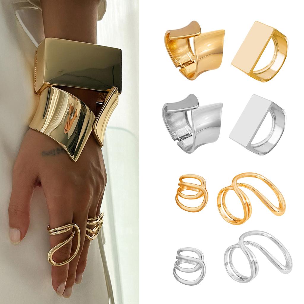 Hip Hop Exaggerated Wide Cuff Bangle/Finger Ring Stylish Geometric Jewelry Handmade Accessories for Women and Men