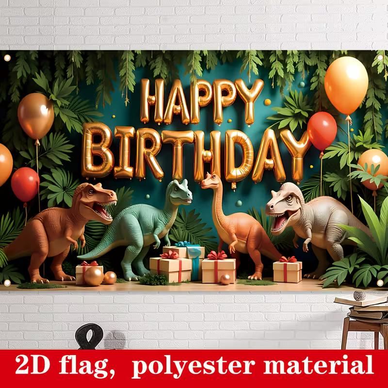 Kids Dino Themed Birthday Backdrop, Tropical Jungle Happy Birthday Background Cloth for Birthday Party & Photography