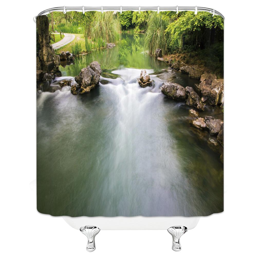 Natural Scenery Waterfall Shower Curtain Plant Lake River Landscape Bath Decor Bathroom Waterproof Polyester Cloth Curtain