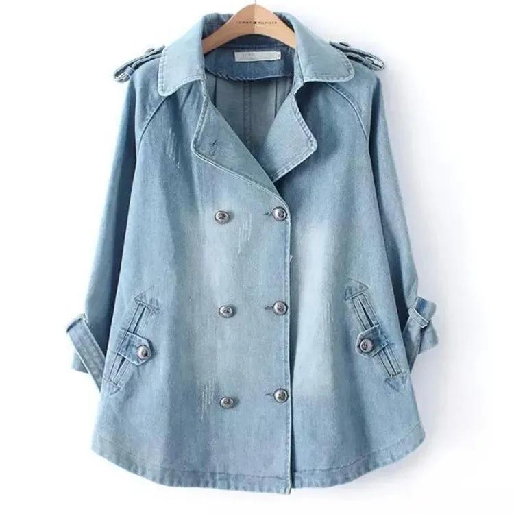 Women Denim Cape Coat Female Jacket Autumn Double Breasted Jackets Lady Windbreaker