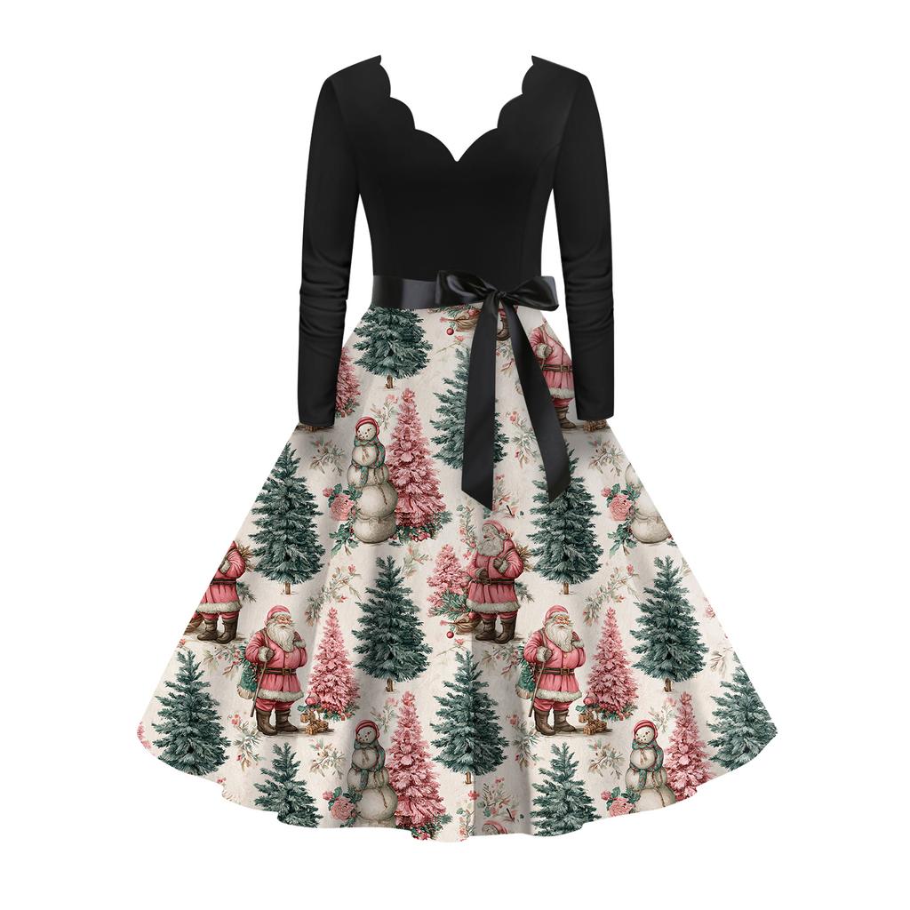 Women's Casual Fashion Long Sleeve Christmas Graphic Printed Vintage Long Dresses
