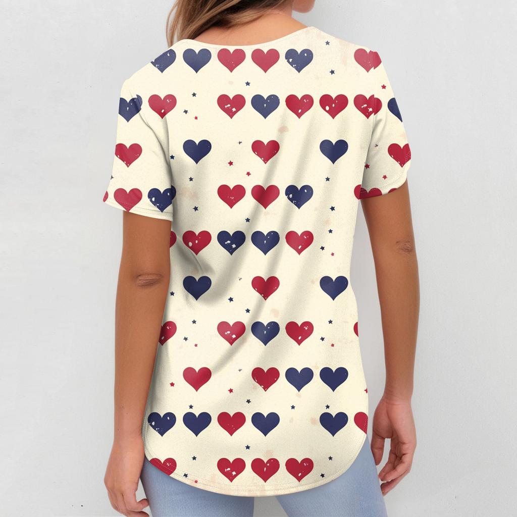 Women's Fashion Short-Sleeve Valentine's Day Print V-Neck Pocket Workwear Top