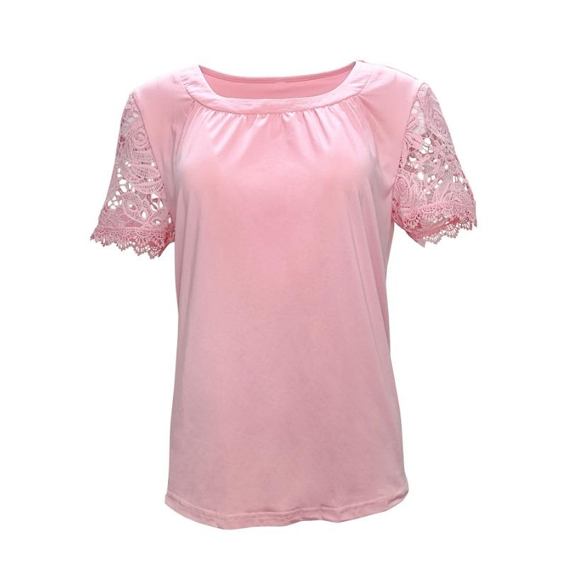 Damenmode Sommer Neu Lässig Rundhals Kurzarm Spitze Plissee T-Shirt Top