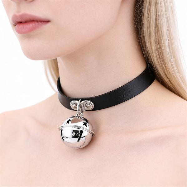 Unisex European Punk Black Leather Choker with Metal Chain and Lock Pendant.