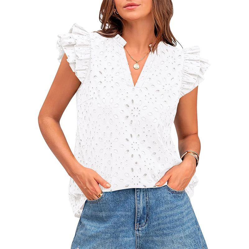 Women European Style Casual Summer Hollow Out Embroidery Flounce Sleeve V Neck Shirt