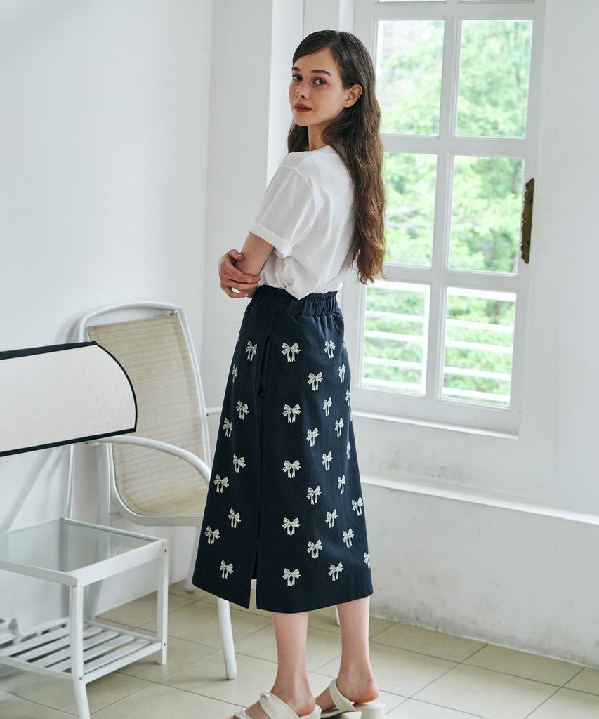 Metapeo Met Ribbon Print Elastic Waist Long Skirt Navy & Ivory