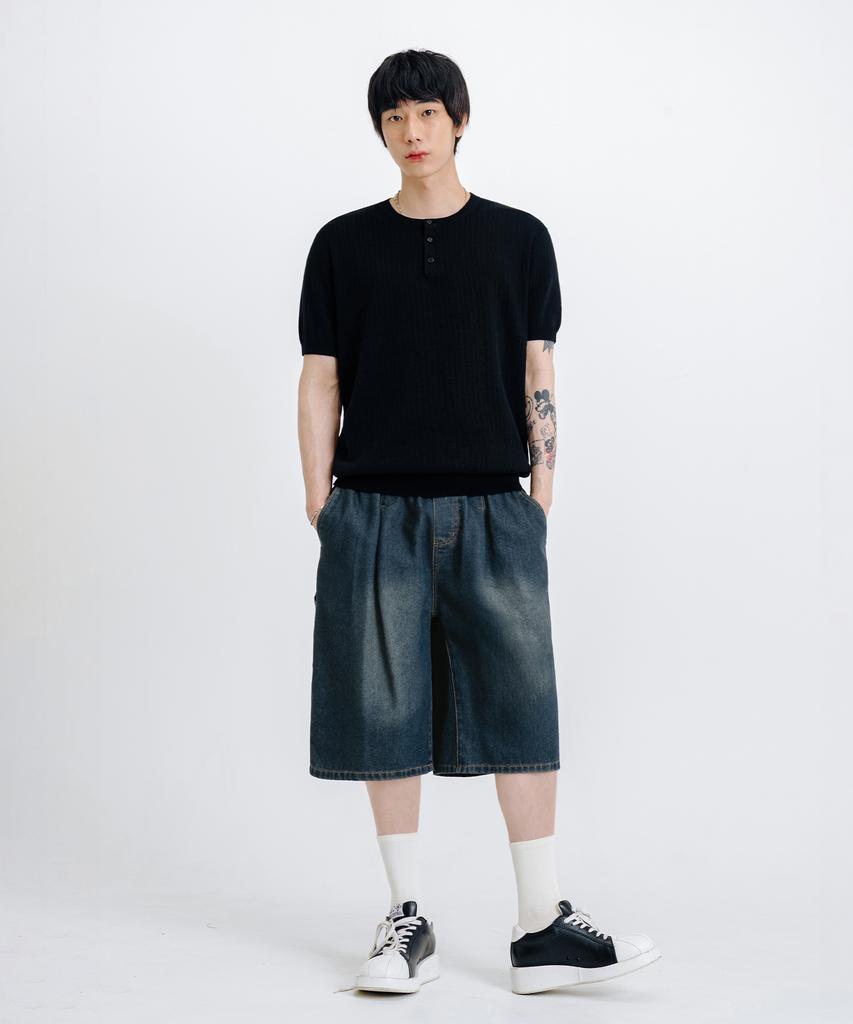 LEMAIN SECOND Classic Henley Neck Washable Short Sleeve Knit [Black]