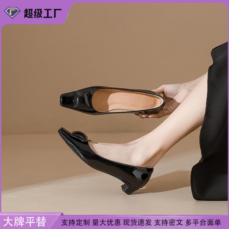 Yuanlitong cowhide high heels women's thick heels are not tired of feet European and American light luxury women's shoes Hong Kong counter high-end si
