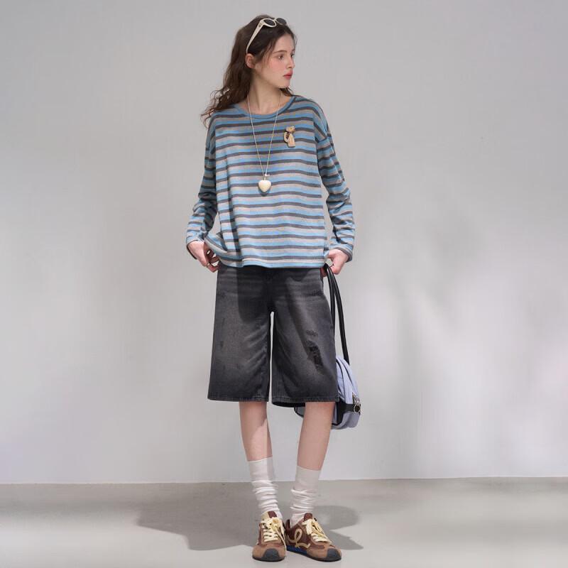 Korean-Style Oversized Color-Block Striped Crew Neck Long Sleeve T-Shirt