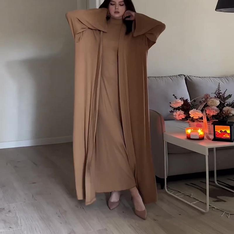 European and American Autumn/Winter High Neck Casual Loose Solid Color Slimming Shawl Set Dress