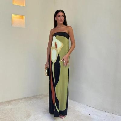 Avocado Green Contrast Flower Print Στράπλες Φόρεμα Γυναικεία ίσια εξώπλατα ρόμπες 2024 Female Casual Holiday Beach Vestido