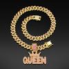 Couronne Rose Diamant pour Femme, Pendentif Lettre QUEEN, Collier Cubain Diamant Long Hip Hop Accessoire Féminin