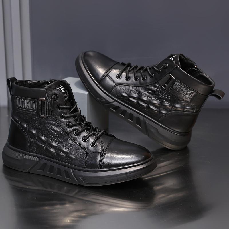 Fashion Golden Sapling Cowhide Snow Boots Men 2025 Fashion Leisure Flats Platform Man Short Booties Outdoor Casual Genuine Leather Shoes