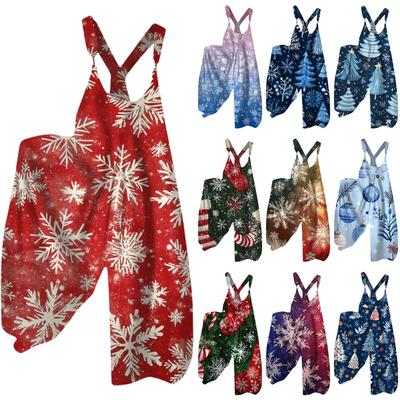 Women's Fashion Christmas Print Casual Loose Back Straps Wide Leg Jumpsuit