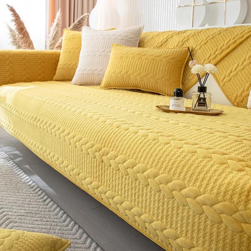 Wheat Grain Milk Velvet Sofa Cushion Autumn Winter Warm Cushion Solid Color Thickened Sofa Cover with Anti Slip Cover