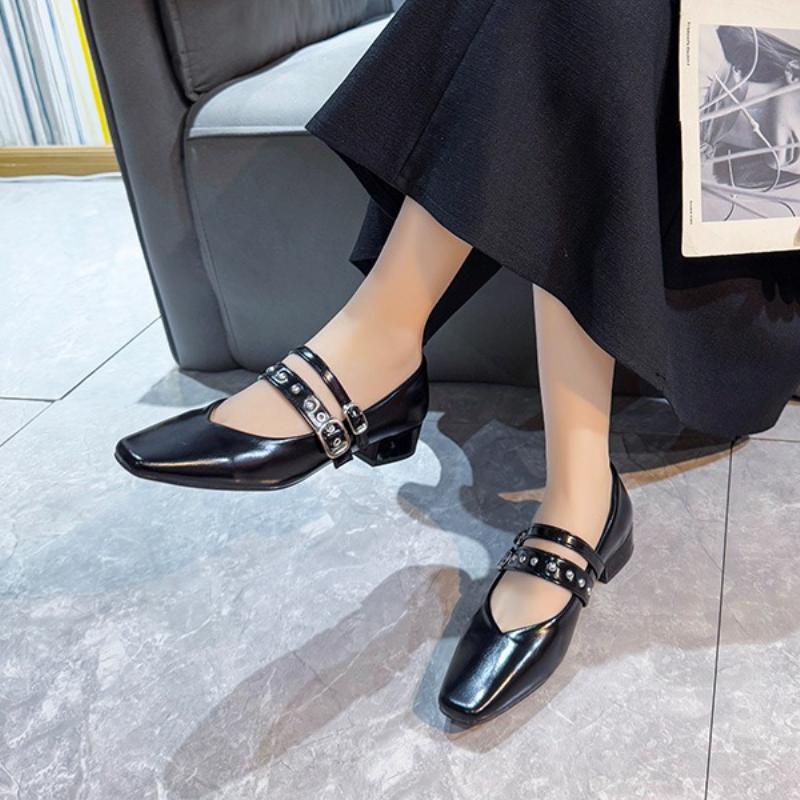 

Мода 2025 Весна Осень Женские Туфли с Двойной Пряжкой Квадратный Носок Квадратный Каблук Однотонные Женские Туфли Богини 35 чёрный