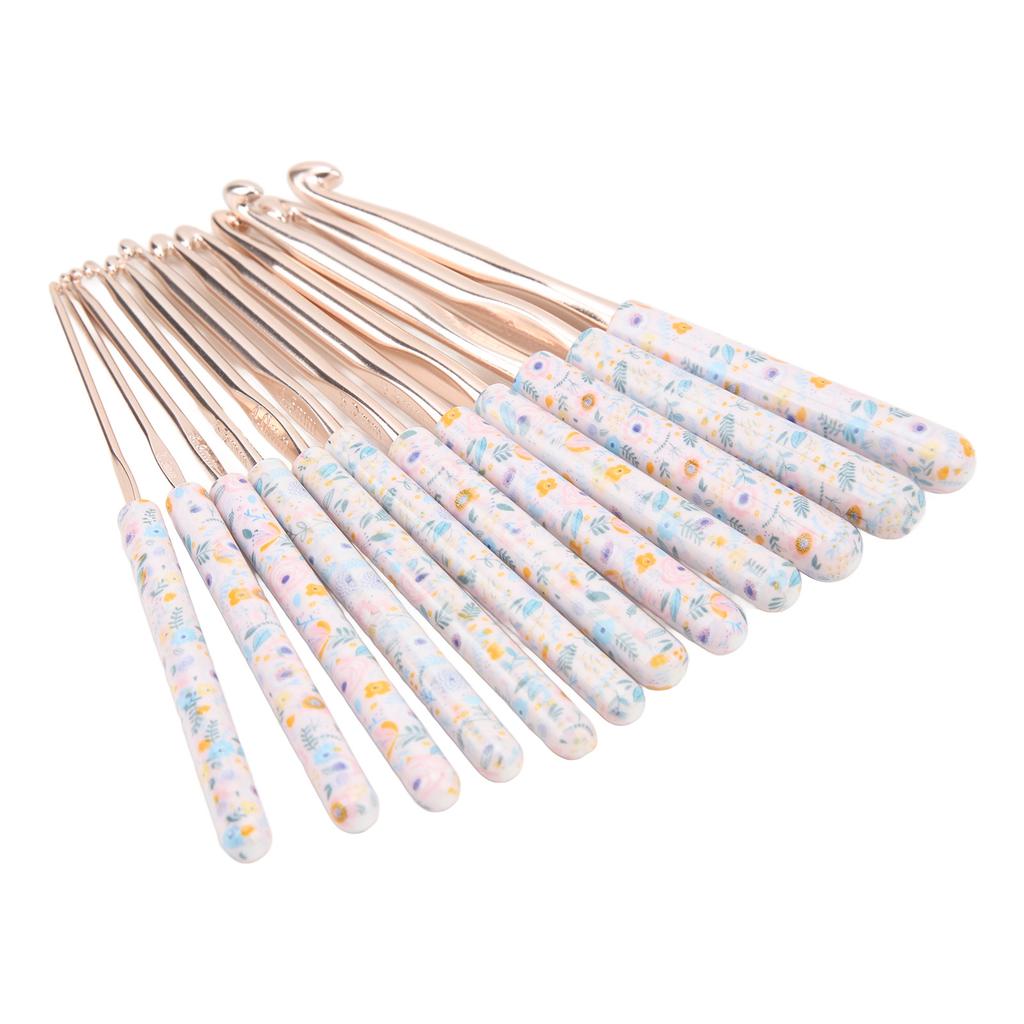 Crochet Needles Set Aluminium 12 Sizes Elegant Ergonomic Plastic Blue Flower Stamped Handle Crochet
