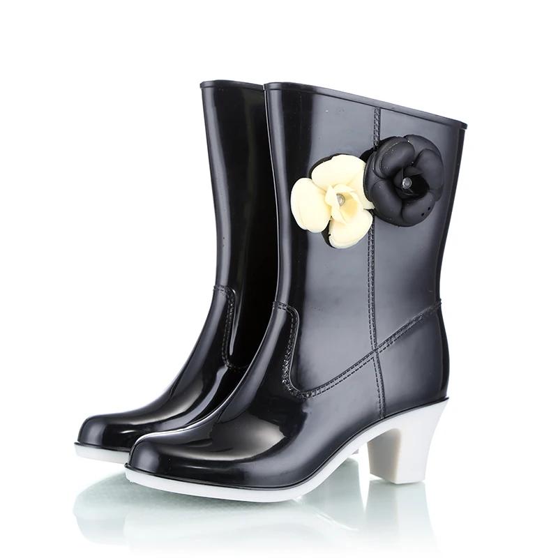Fashion Ladies Shoes 2025 Mid-Calf Women's Boots Outdoor Rainboots Women Round Toe Slip On Floral Mixed Colors Chunky Heels Shoes Women