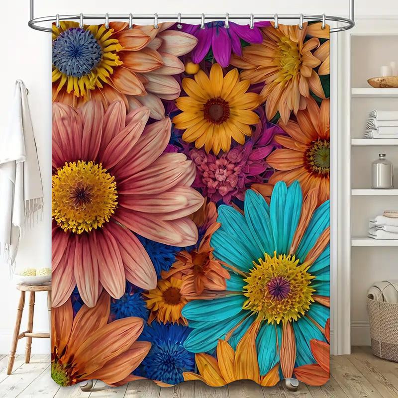 Luxurious Floral Shower CurtainColorful Sunflower Bath Decor for Bathroom Accessories Waterproof, Durable Fabric, 3D Printing Fl