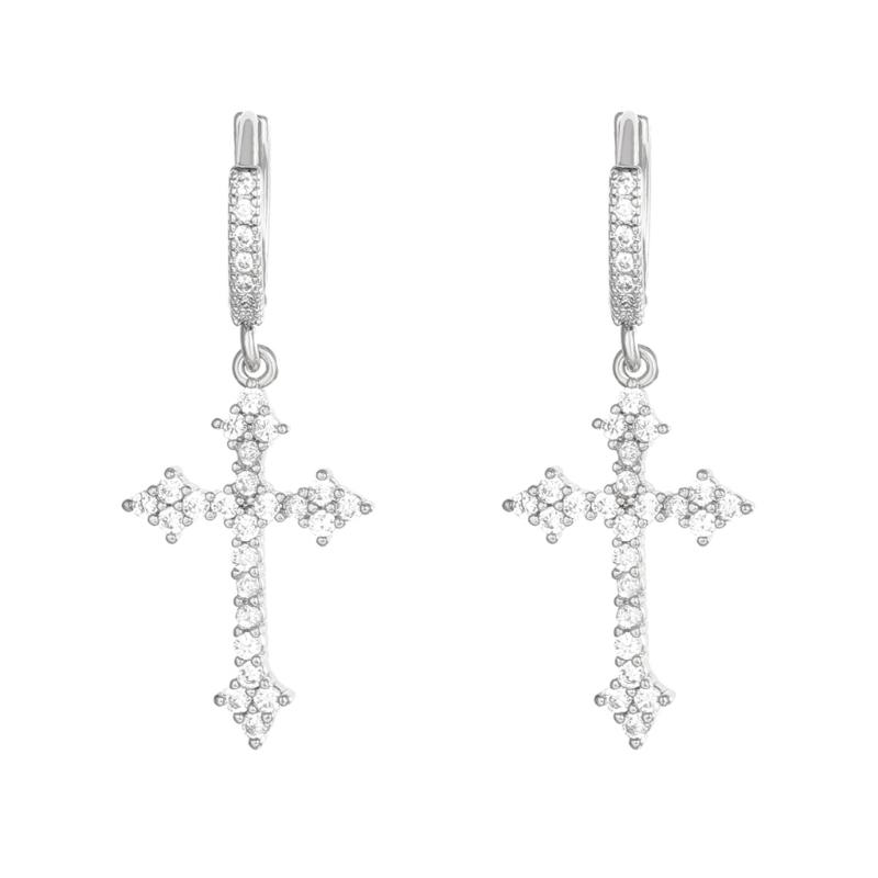 Элегантные серьги-кольца с крестами Элегантные серьги-кольца Аксессуар с подвесками-крестами из циркония для любителей моды