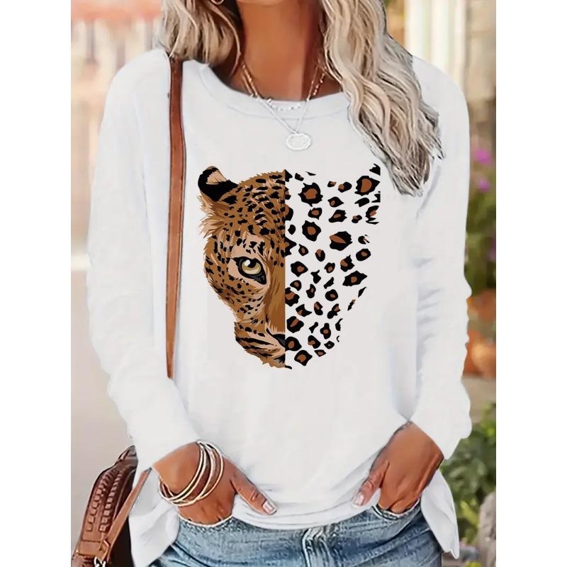 Leopard Tiger Animal Long Sleeved Top Y2k T Shirt Women's Casual Long Sleeve T-Shirt Crew Neck Top Tee Tshirt