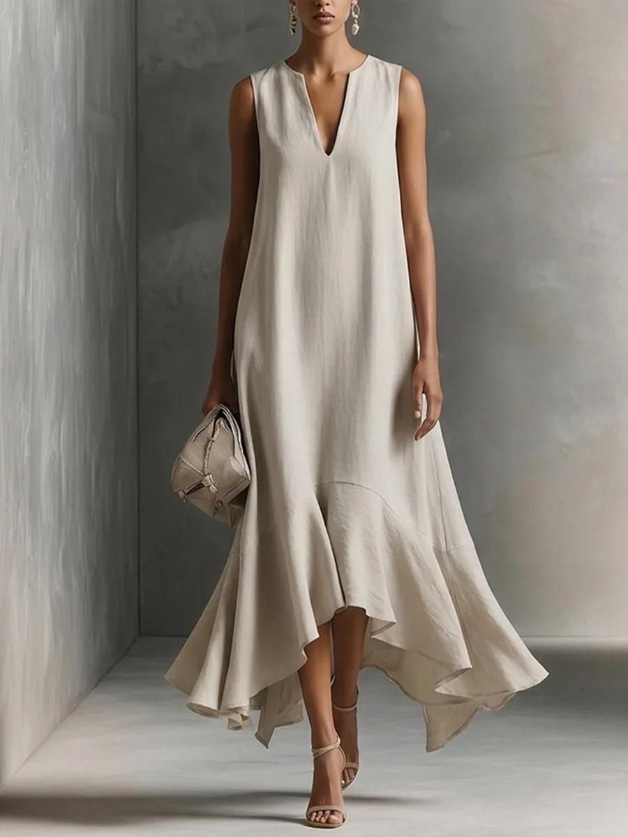2026 European and American new fashion deep V-neck sleeveless temperament thin hem irregular dress S