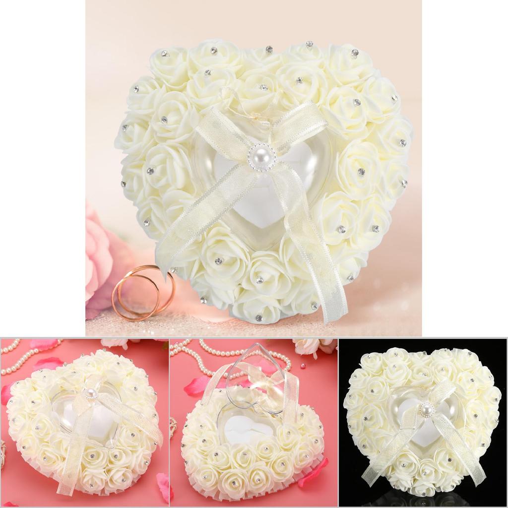 Boîte de Mariage Romantique en Forme de Cœur Décorée de Strass Coussin(blanc)