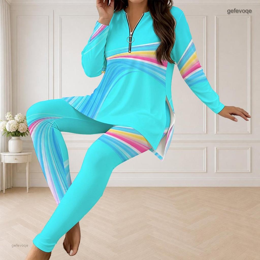 Women Plus Size Printed Two Piece Set Half Zip Long Sleeve Longline Top Fitted Pants