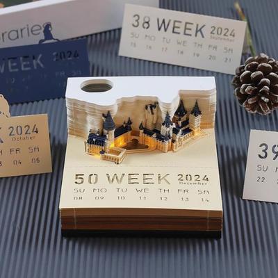 1 Set Wochenkalender, Kreativität, 3D-Schlosskalender mit LED-Leuchten, Papierschnitzkunst, Tischkalender für Heimdekoration
