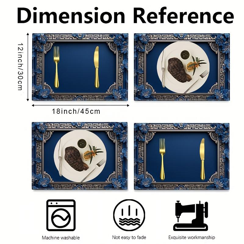4 шт. Синий льняной подстановочный коврик - 12*18 дюймов, Геометрическая кайма, Синий цветочный дизайн | Подходит для праздничной вечеринки, Декора кухни дома 12x18in