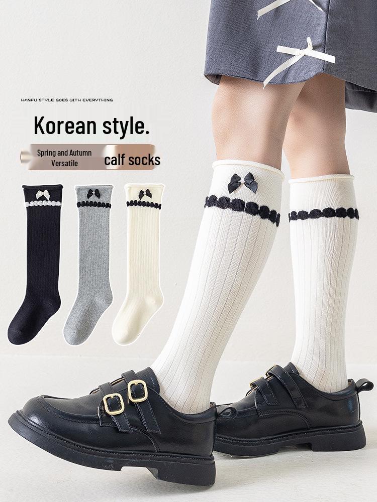 Girls' Korean-Style Bow Calf Socks for Spring and Autumn