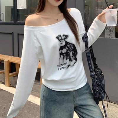 Cotton White Puppy Print Slanted Shoulder Long Sleeved T-shirt Women's Autumn Versatile Top