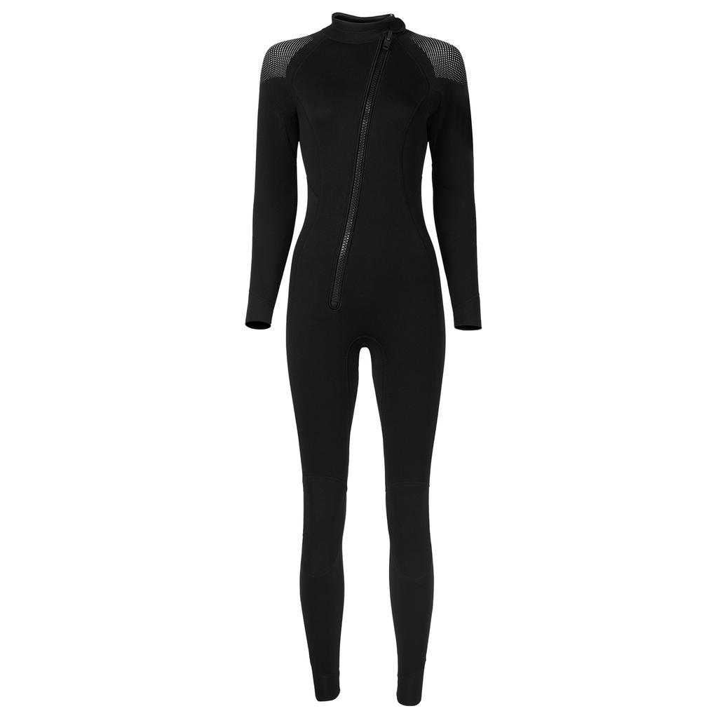 Women 3mm Neoprene One-Piece Thermal Wetsuit Mock Neck Long Sleeve Front Diagonal Zipper Jumpsuit for Swimming Surfing Diving