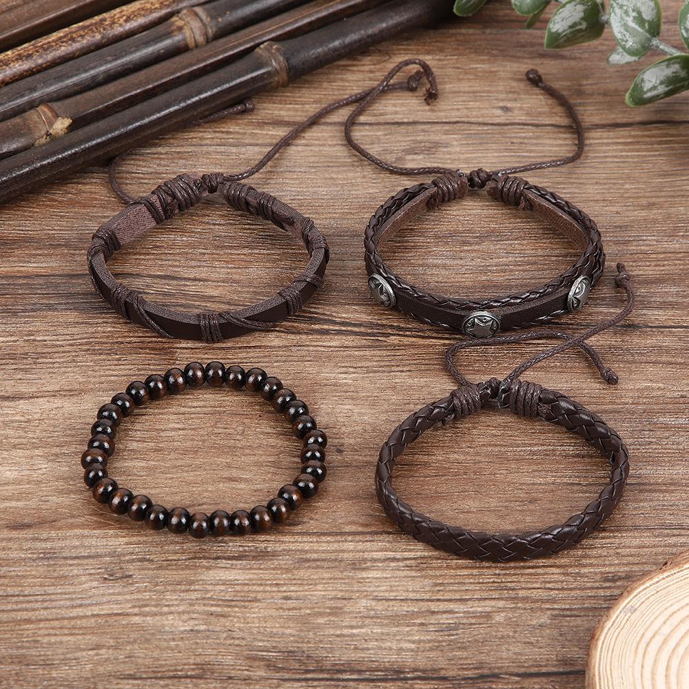 Vintage Men's Leather Bracelet with Rivets and Wooden Beads