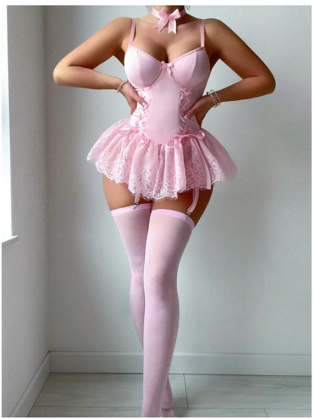 European & American Lace Mesh Bandage Splicing Slimming Nightdress Lingerie Set