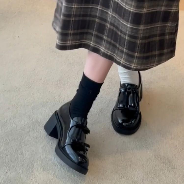 Sheepskin version~ Versatile round head British style loafers, deep mouth one pedal bow, leather thick heel small leather shoes for women