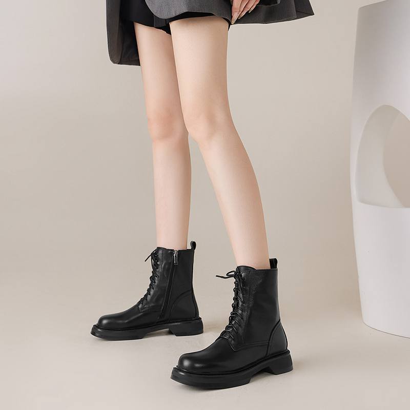 Krazing Pot Cow Skin Natural Fur Autumn Winter Shoes Thick Heels Western Boots Round Toe Keep Warm Lace Up Ankle Boots
