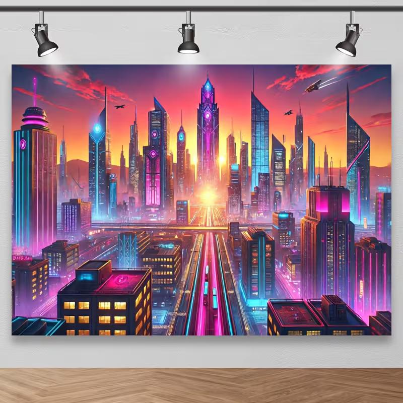 Futuristic Neon Sunset City Backdrop, Cyberpunk Aesthetic Background