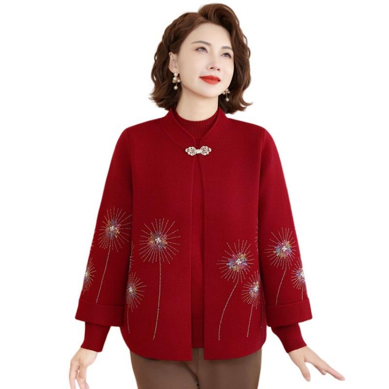 Middle-aged and old women's cardigan natal year sweater jacket mother spring and autumn red knitted two-piece autumn and winter bottoming shirt