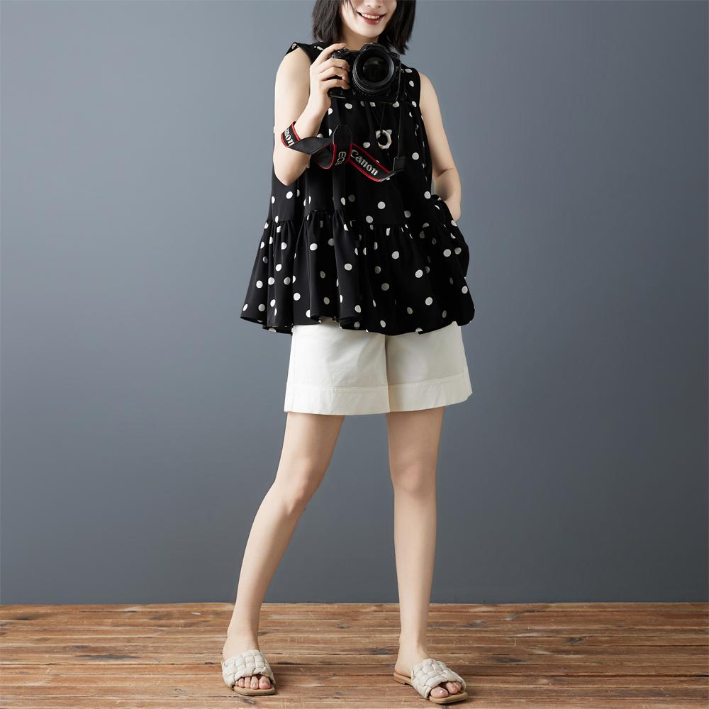 DIMANAF 2026 New Summer Plus Size Women Shirts Tees Casual Loose Blouse Button Sleeveless Lady Tops Pleated Black