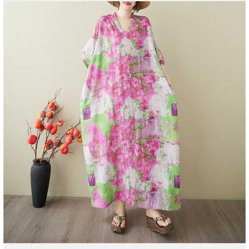 Women's Vintage Long Dress with Cotton and Linen Patterns
