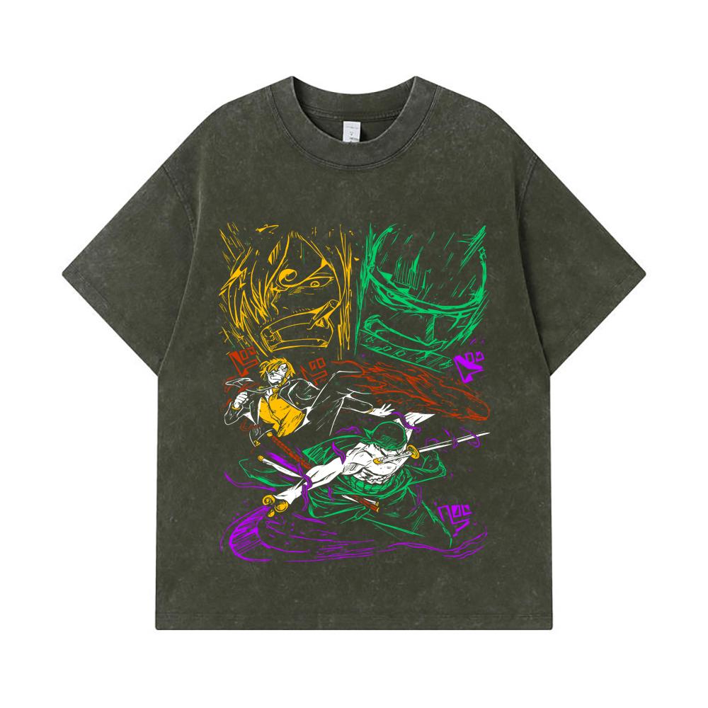 

275 GSM Washed T-shirts 100% Cotton One Piece V12 Sanji Zoro Print Unisex Heavy Cotton T Shirt S армия зеленый
