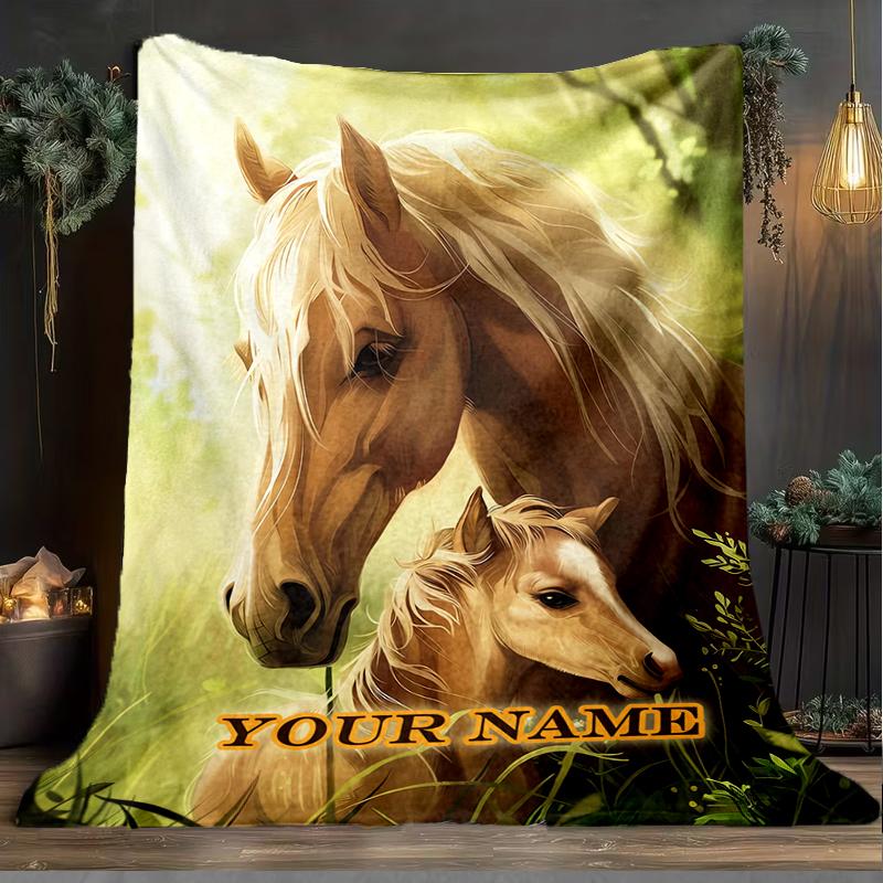 1PC Custom Name Horse Foal Nature Outdooor Flannel Blankets Patterns Throw Blanket All-Season Soft Gift for Couch, Bed, Camping Gifts