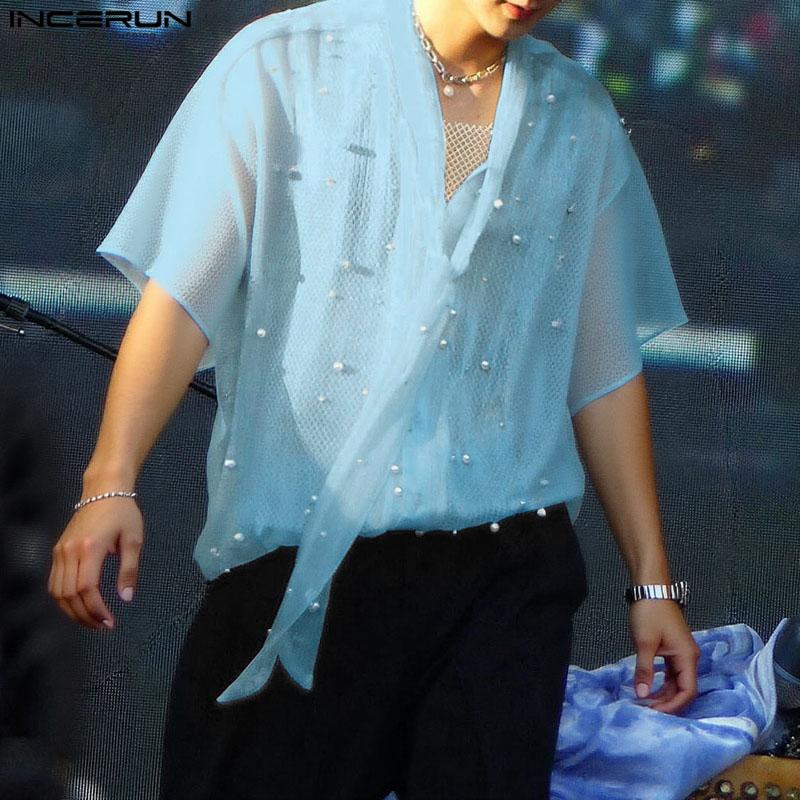 

INCERUN Men Summer Tie Up Short Sleeve Beading Mesh Sheer Seen Through T-shirts 5XL синій