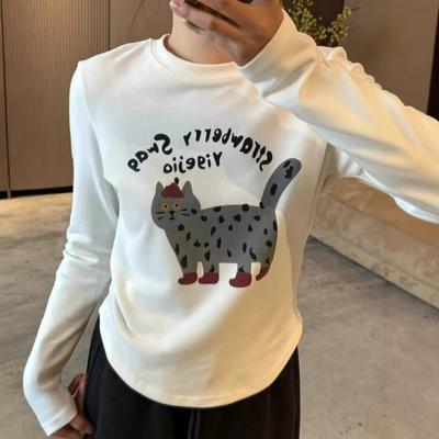 Double-sided Polished Cartoon Cat Print Long-sleeved T-shirt Women's Autumn and Winter Inner Matching Versatile and Thin Bottoming Shirt Top