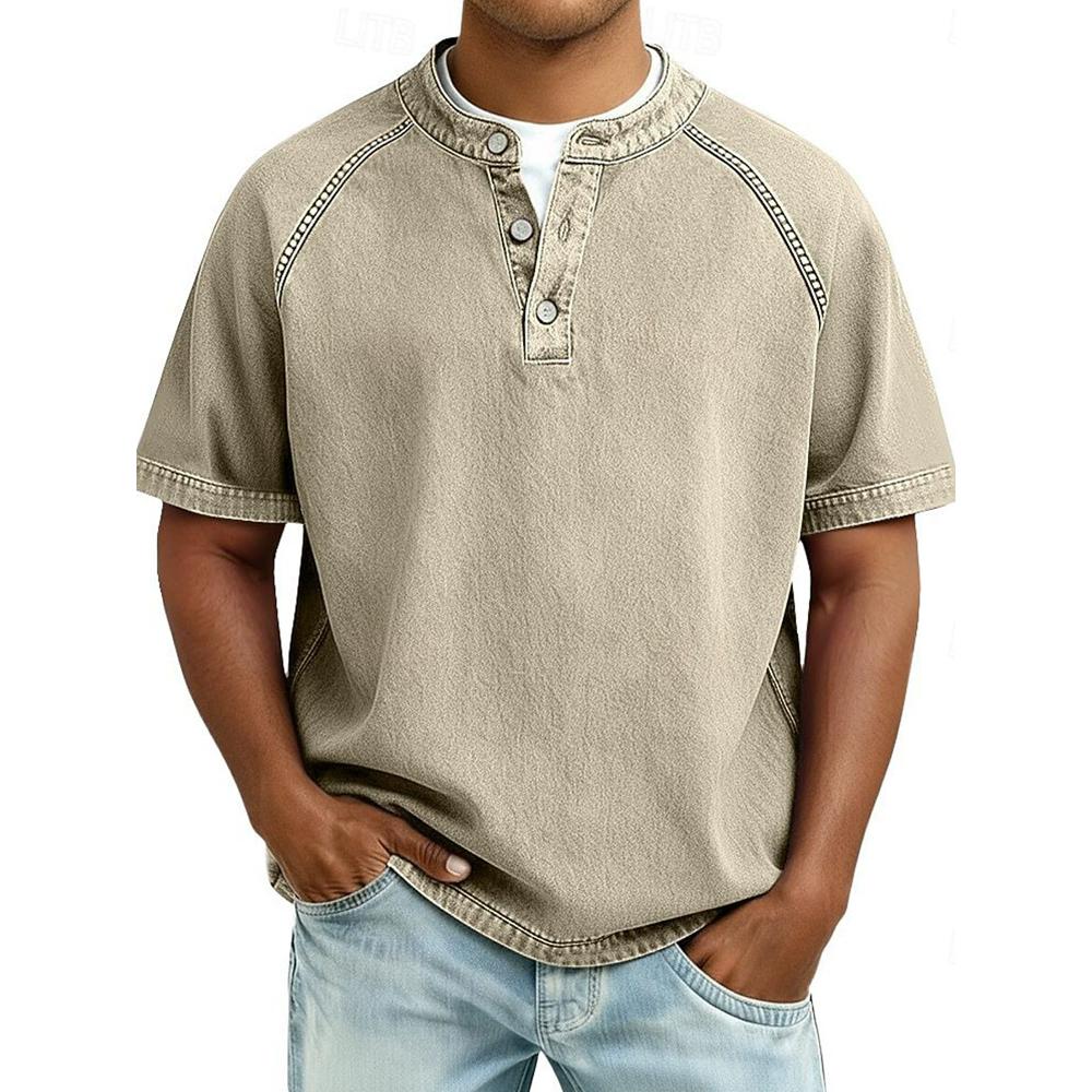 Men's Vintage Washed Henley T-Shirt Casual Solid Color Short Sleeve Tops Breathable Button Placket Tee for St… More