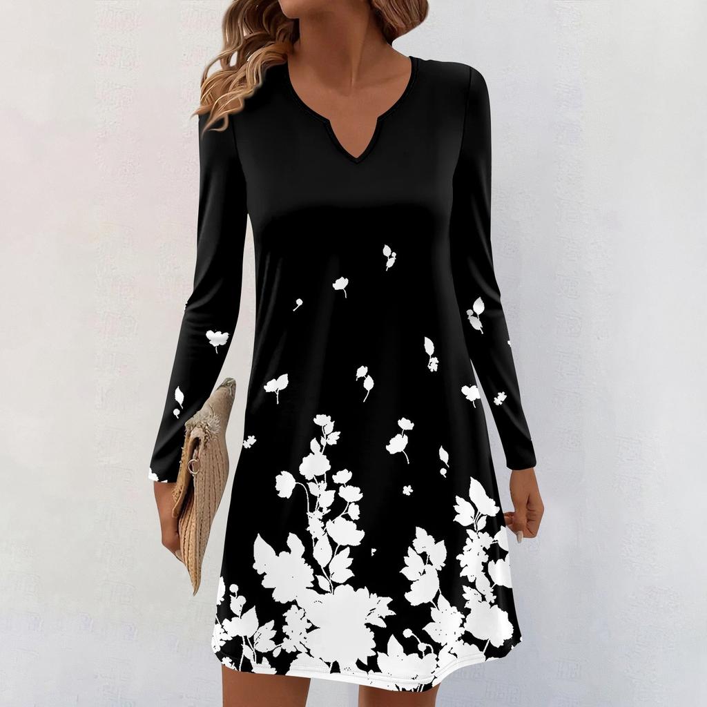 Women's Long-sleeved Casual Midi Dresses V-Neck Print  Casual Dress